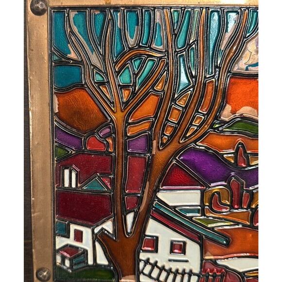 Vtg Enamel on Embossed Copper Village Mounted Autumn Fall Picture Wall Art - Picture 6 of 11